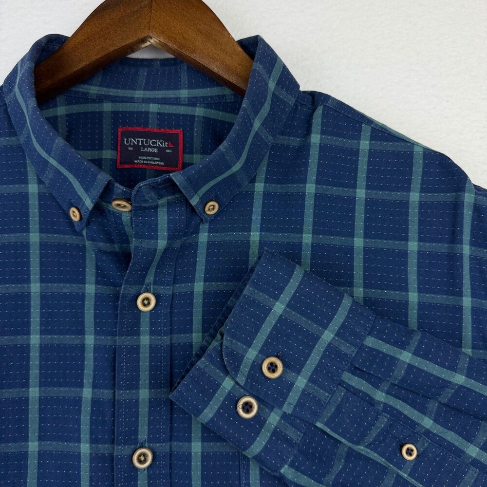 UNTUCKit Men's Large Blue Plaid Cotton Long Sleeve Button Down Shirt